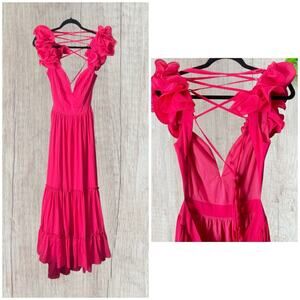 Forttunata Vibrant Pink Maxi Dress with Ruffle Straps And Open Back, medium